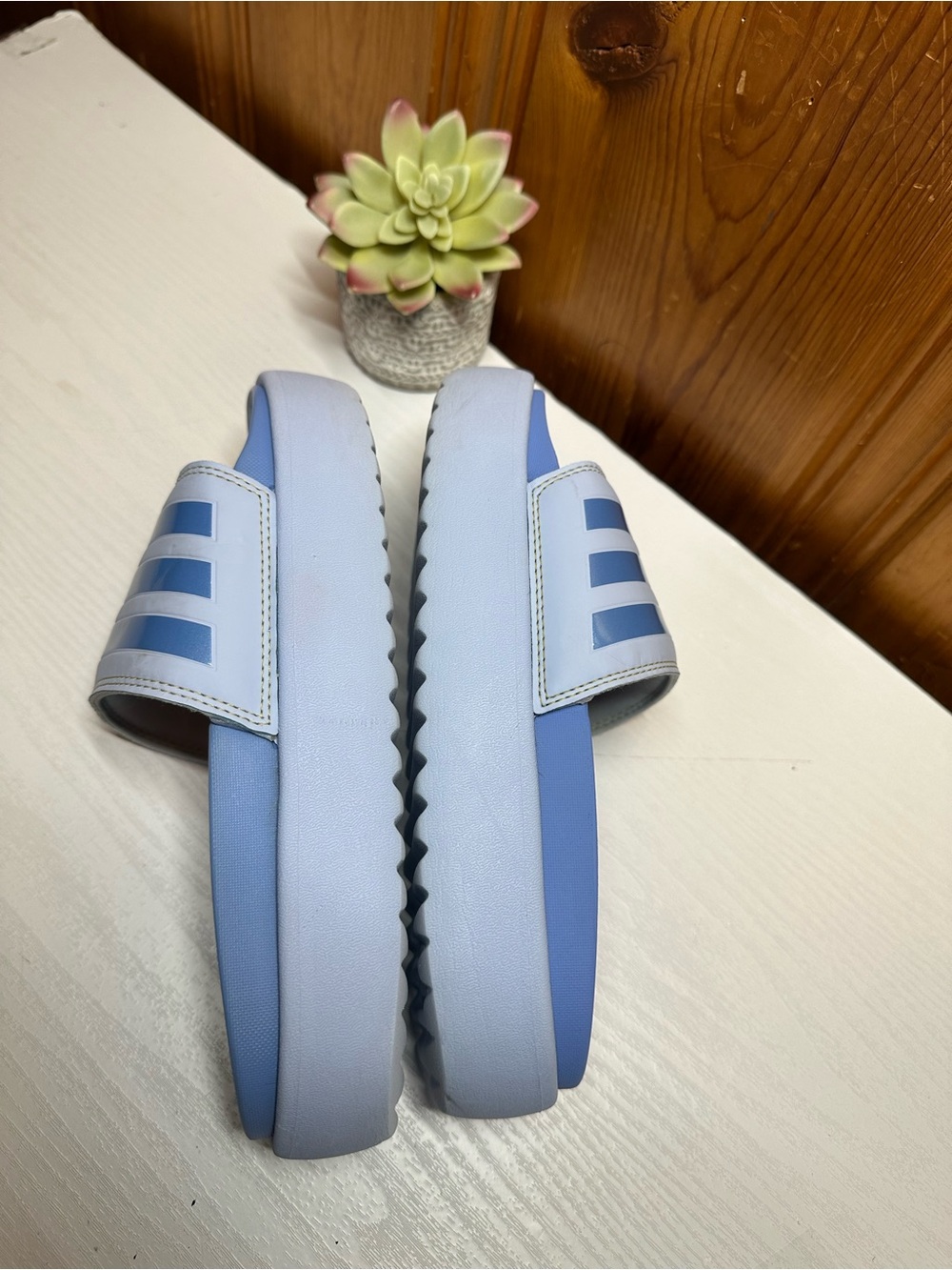 adidas Light Blue Striped Slide Sandals - Picture 6 of 15